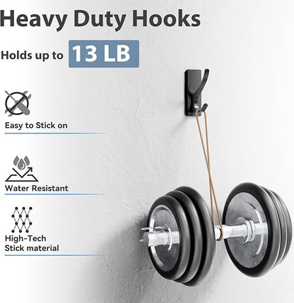Self Adhesive Towel Hooks: Extra Strong 13LB, Stainless Hook for Hanging Loofah, Towels, Coat, Bath Robe Bathroom Shower, Black, 4 Pack