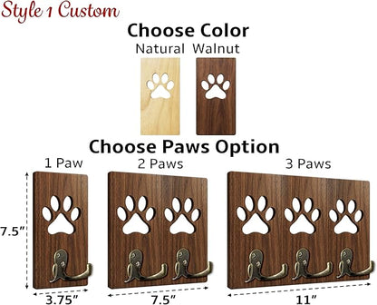 Personalized 2 Pack Dog Leash Holder for Wall Mount, Custom Name Paw Print Wooden Hook, Dog Collar and Harness Organizer, Key and Leash Holder for Entryway, Gift for Dog Lovers