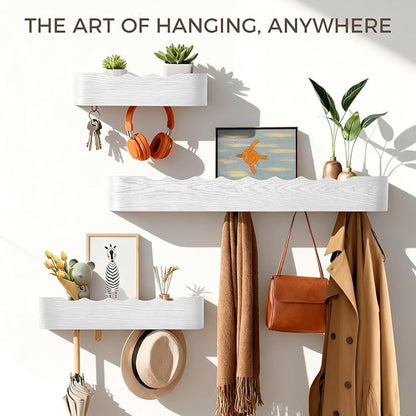 Wall Coat Rack Floating Shelves Modern Coat Rack Wall Mount with Storage Entryway Shelf Wooden Hanger 20 Inch 4 Hidden Metal Hooks for Living Room Bedroom (Wavy White, 5 Hooks)
