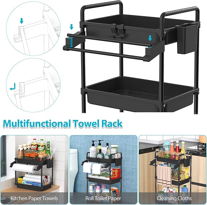 SPACEKEEPER Rolling Storage Cart, 3 Tier Utility Cart Laundry Room Organization Mobile Shelving Unit Bathroom Organizer with Towel Rack, Lockable Wheel, Hooks & Cup for Kitchen Office, Black