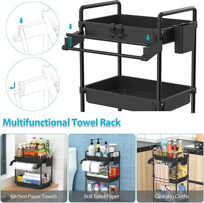 SPACEKEEPER Rolling Storage Cart, 3 Tier Utility Cart Laundry Room Organization Mobile Shelving Unit Bathroom Organizer with Towel Rack, Lockable Wheel, Hooks & Cup for Kitchen Office, Black