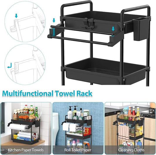 SPACEKEEPER Rolling Storage Cart, 3 Tier Utility Cart Laundry Room Organization Mobile Shelving Unit Bathroom Organizer with Towel Rack, Lockable Wheel, Hooks & Cup for Kitchen Office, Black