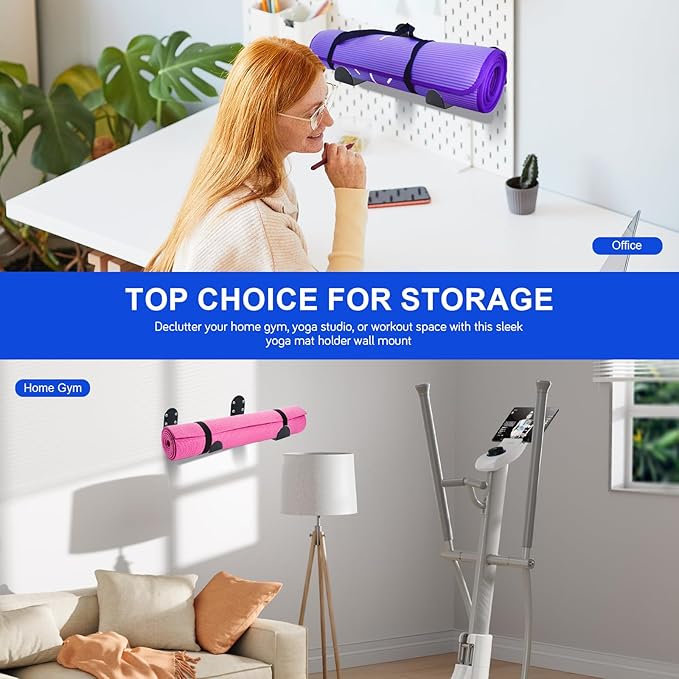 Stainless Steel Yoga Mat Holder Wall Mount 2-Pack – Space Saving Storage Rack for Exercise Mats, Foam Rollers, Resistance Bands – Home Gym Organizer