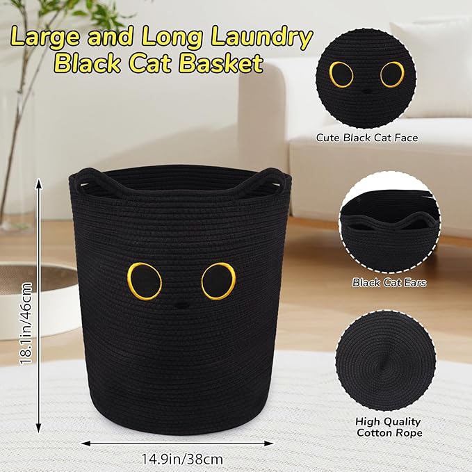 Tall Black Cat Laundry Basket for Nursery, Cute Large Woven Cotton Rope Blanket Storage Basket, Baby 0rganize Blanket Shower Hamper Box with Handles, 53L Clothes Bins, 15"D×18.1"H