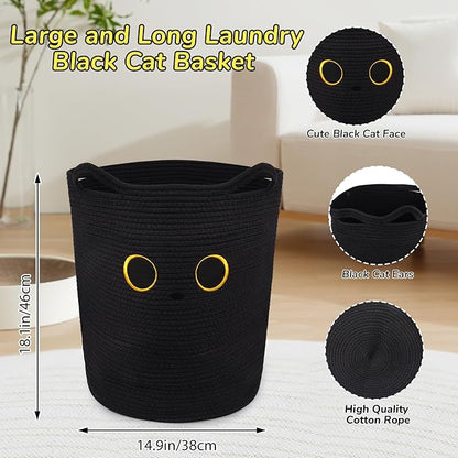 Tall Black Cat Laundry Basket for Nursery, Cute Large Woven Cotton Rope Blanket Storage Basket, Baby 0rganize Blanket Shower Hamper Box with Handles, 53L Clothes Bins, 15"D×18.1"H