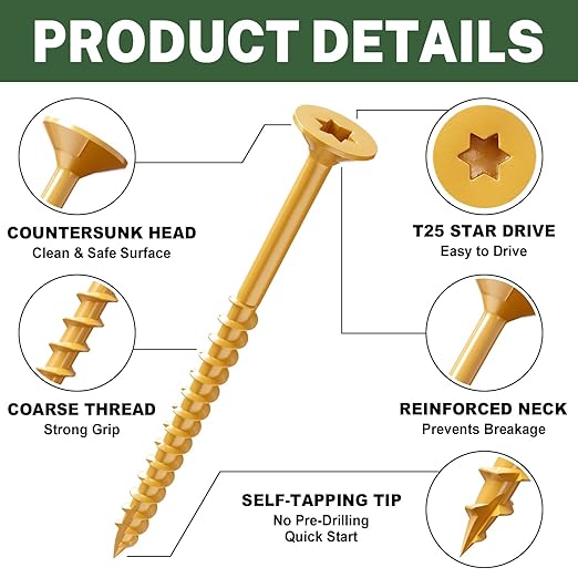 LIONMAX Deck Screws 3-1/2 Inch, Wood Screws #10 x 3-1/2", 300 PCS, Rust Resistant, Exterior Epoxy Coated for Outdoor/Fence, Torx/Star Drive Head, T25 Star Bit Included, Tan