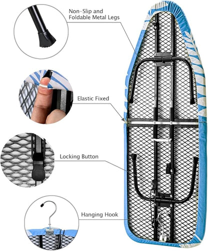 SheeChung Mini Ironing Board 12"x32",Tabletop Ironing Boards with Removable Cotton Cover and Pad,Mesh Metal Base Iron Table,Foldable Small Ironing Board for Home Dorm Travel,Blue Leaf