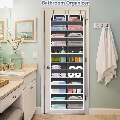 Heavy Duty Over The Door Organizer 6 Tiers, Extra Large Behind Door Storage of 12 Big Front & 12 Mesh Pockets, 80lb Weight Capacity, Hanging Doors Storage Organizer for Closet Bedroom Nursery, Grey