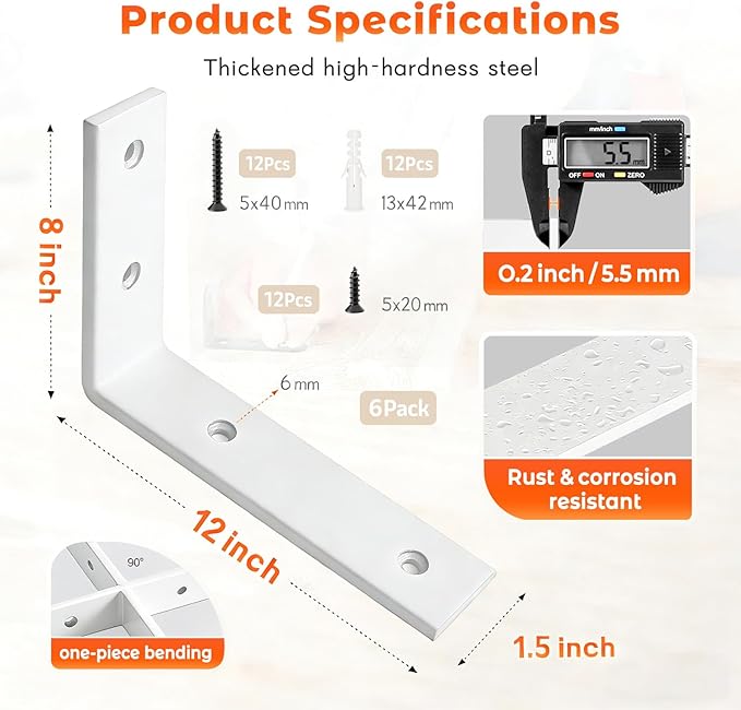 WINKER Shelf Bracket 6 Pack 12" Lx8 Hx1.5 W 5mm Thick Heavy Duty White 12 Inch Metal Iron L Brackets for Wall Shelves