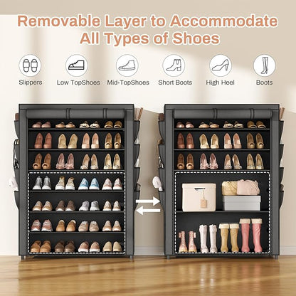 VTRIN Shoe Rack with Cover, 7 Tier Shoe Organizer Storage for 35-40 Pairs Shoes and Boots Large Capacity Tall Shoe Shelf with 8 Pockets Free Standing Shoe Rack for Closet, Entryway, Garage