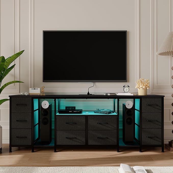 Garvee 10 Drawer Dresser, TV Stand with Fabric Drawers and Power Outlets for 75 70 65 Inch TV, TV Console Table, Entertainment Center with Open Storage Shelves for Living Room, Bedroom, Office, Black