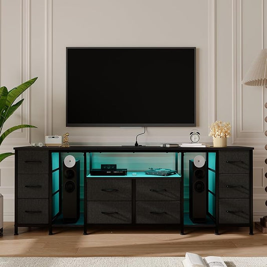 Garvee 10 Drawer Dresser, TV Stand with Fabric Drawers and Power Outlets for 75 70 65 Inch TV, TV Console Table, Entertainment Center with Open Storage Shelves for Living Room, Bedroom, Office, Black