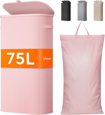 Lifewit 75L Slim Laundry Basket with Lid, Narrow Large Laundry Hamper with Plastic Handles and Removable Bag, Tall Foldable Dirty Clothes Hampers for Laundry Room, Bedroom, Bathroom, Dorm, Pink