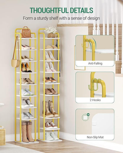 10 Tiers Vertical Shoe Rack, Narrow Shoe Tower, Tall Shoes Shelf with 2 Hooks, Adjustable Shelves, Corner Shoes Shelves for Small Spaces, Entryway, Living Room, White Gold SR11213A