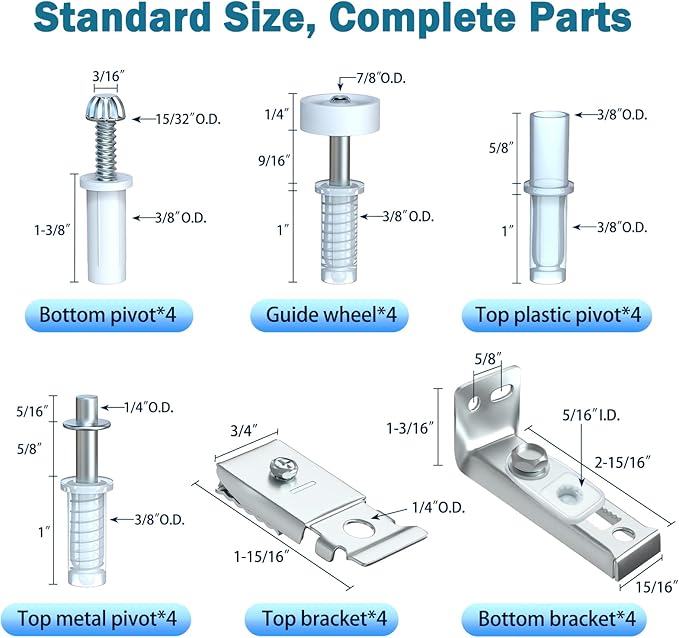 Bifold Door Hardware Repair Kit - 4 Packs Bi-fold Sliding Closet Doors Replacement Parts Include Top & Bottom Bracket, 3/8" Pivot, 7/8" Guides Wheel, for Folding Pocket Door Accordion