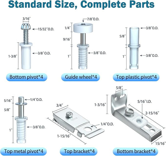Bifold Door Hardware Repair Kit - 4 Packs Bi-fold Sliding Closet Doors Replacement Parts Include Top & Bottom Bracket, 3/8" Pivot, 7/8" Guides Wheel, for Folding Pocket Door Accordion