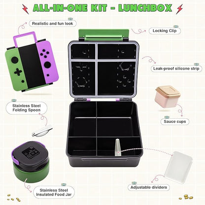 Game Bento Box for Kids, Lunch Box with Thermo(9oz Food Jar), Folding Spoon, Removable Divider & Sauce Cup, Lunch Box Kids for School,Travel, BPA-Free & Realistic Shape (Green-Purple)