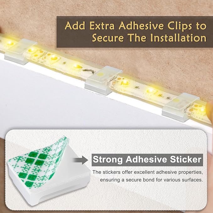GooChan Strip Light Mounting Clips Self-Adhesive Strip Brackets Holder,100Pack Clamps Fix Light Strip 8mm 10mm 12mm (for 10mm(3/8") Wide Strip Light)