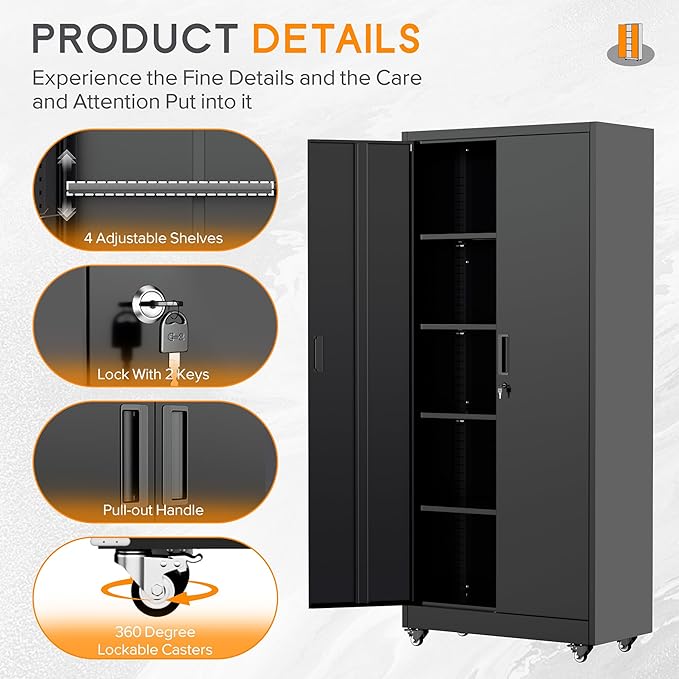 Bonusall 73" Metal Garage Storage Cabinet,Heavy-Duty Rolling Storage Cabinet with Wheels,Assembly Required,Locking Steel Cabinets for Home Office,Warehouse or Workshop-Black