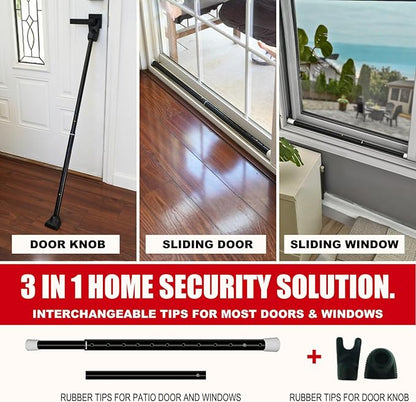 SECURITYMAN 3 in 1 Door Security Bar & Sliding Door Security Bar - Door Jammer Constructed of High Grade Iron - Black Door Stoppers Security Bar