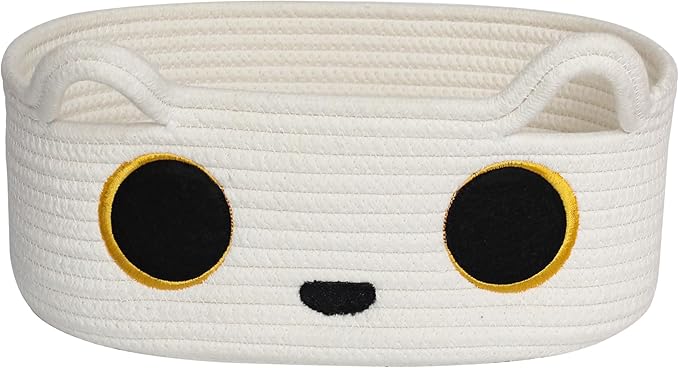 White Cat Toy Basket, Small Woven Cat Toy Storage Box with Cute Ears Handle Indoor, Cotton Rope Storage Bin with Embroidered Face for Home Decor, Pet Bed, Baby Nursery Kids Room Organization