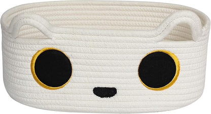 White Cat Toy Basket, Small Woven Cat Toy Storage Box with Cute Ears Handle Indoor, Cotton Rope Storage Bin with Embroidered Face for Home Decor, Pet Bed, Baby Nursery Kids Room Organization