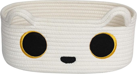 White Cat Toy Basket, Small Woven Cat Toy Storage Box with Cute Ears Handle Indoor, Cotton Rope Storage Bin with Embroidered Face for Home Decor, Pet Bed, Baby Nursery Kids Room Organization