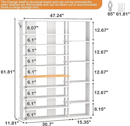 HOMEFORT 10 Tiers Shoe Rack, 50 Pairs Large Shoe Shelf, 61.8" Tall Shoe Tower, Freestanding Shoe Rack Organizer with Open Shelves, Wood Shoe Stand for Boot Storage, for Closet, Entryway, White