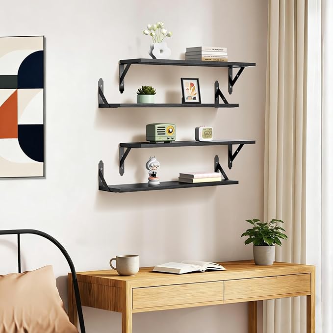 Wood Floating Shelves Set of 4, Rustic Storage Decor Wall Shelves, Wall Mounted Shelf for Living Room, Bedroom 23.6" x 6", Black
