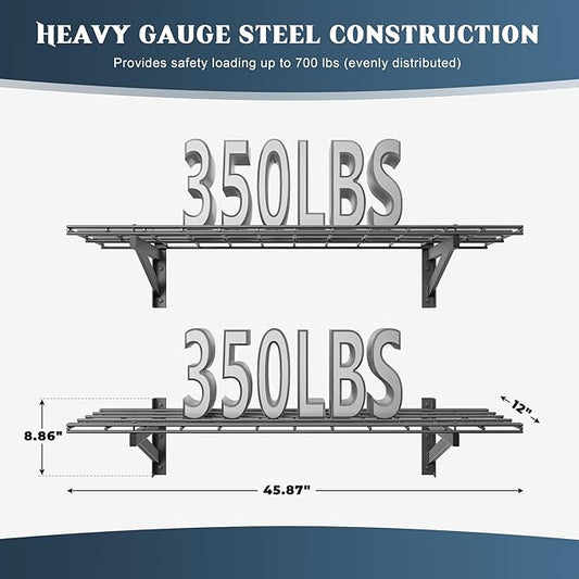 2 Pack Heavy Duty Garage Wall Shelving Set (1x4ft), Wall Mounted Garage Shelves 700lbs Capacity, 12"x48" Shelf Storage Rack Floating Shelves, Black