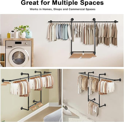 Livabber Industrial Pipe Clothes Rack, Heavy Duty Detachable Iron Garment Rack Wall Mounted, Rustic Saving Space Clothes Bar Multi-Purpose Hanging Rod for Bedroom, Closet, 2 Tier, Black (82 Inch)