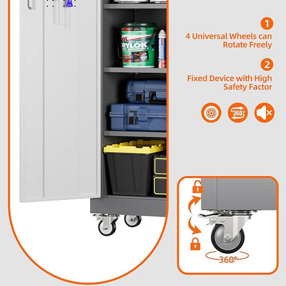 Aobabo 71" H x 32" W x 16" D Garage Storage Cabinet with Wheels, Metal Storage Cabinet with 5 Adjustable Shelves and 4 Hooks for Home Office, Assembly Required, Grey White