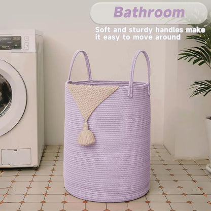 Large Woven Laundry Basket Hamper,80L Cotton Rope Storage Bin for Blankets,Toys and Clothes,Decorative Tall Nursery Hamper for Living Room,Baby Nursery,Bathroom and Bedroom,Purple