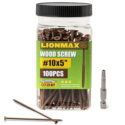 LIONMAX Wood Screws 5 Inch, Deck Screws #10 x 5, 100 PCS, Rust Resistant, Epoxy Coated, Exterior Wood Screw, Outdoor Decking Screws, Torx/Star Drive Head, T25 Star Bit Included, Brown