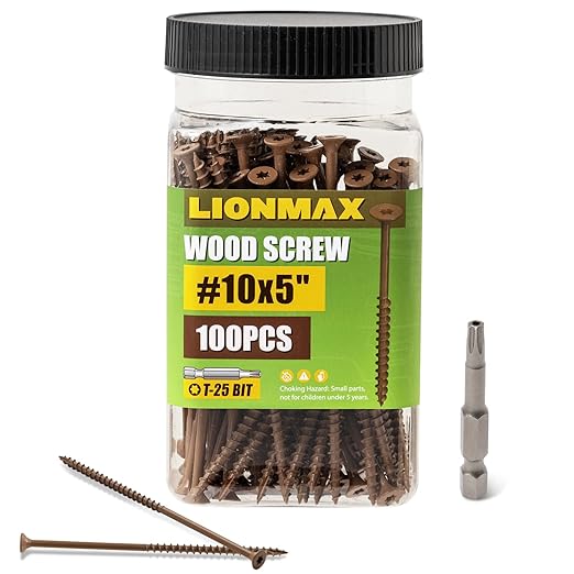LIONMAX Wood Screws 5 Inch, Deck Screws #10 x 5, 100 PCS, Rust Resistant, Epoxy Coated, Exterior Wood Screw, Outdoor Decking Screws, Torx/Star Drive Head, T25 Star Bit Included, Brown