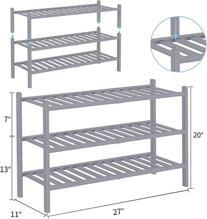 RONGJlA 2 Tier Bamboo Shoe Rack for Closet Free Standing Wood Shoe Shelf Storage Organizer for Entryway Small Space Stackable, Grey