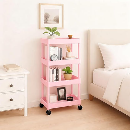 ShellKingdom 4 Tier Bathroom Storage Organizer, Slim Rolling Storage Cart for Narrow Space, Mobile Shelving Unit with Lockable Wheels and Hooks for Bathroom, Kitchen, Laundry Movable Shelf (Pink)