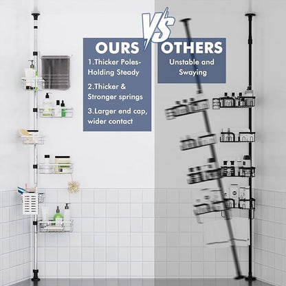 Shower Caddy Corner Tension Pole, Stainless Steel Rustproof 6 Shelves Bathroom Organizer with Towel Bar & Toothbrush Holder, Adjustable Shower Shelf for Renters - Family Stand Storage Rack