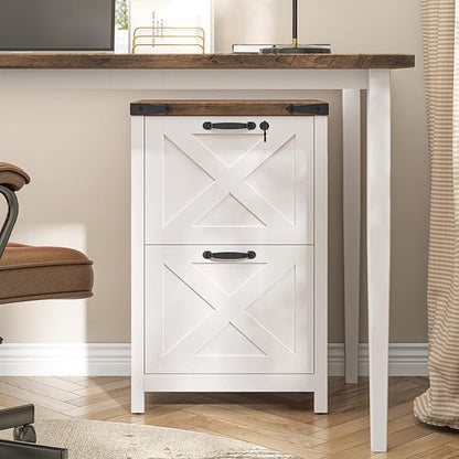 2 Drawer Small File Cabinet with Lock, Farmhouse Vertical Filing Cabinet Fits Letter and A4 Size, Under Desk Wooden File Cabinets for Home Office, Printer Stand, Rustic White