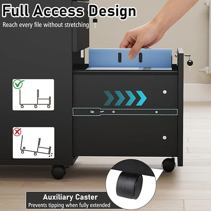 Giantex 3-Drawer File Cabinet with Lock, 27-Inches Storage Cabinet with 2 Side Hooks, Mobile Printer Stand, Wheels, 4 Keys, Vertical Filing Organizer fits Letter/A4 Size for Home Office (Black)