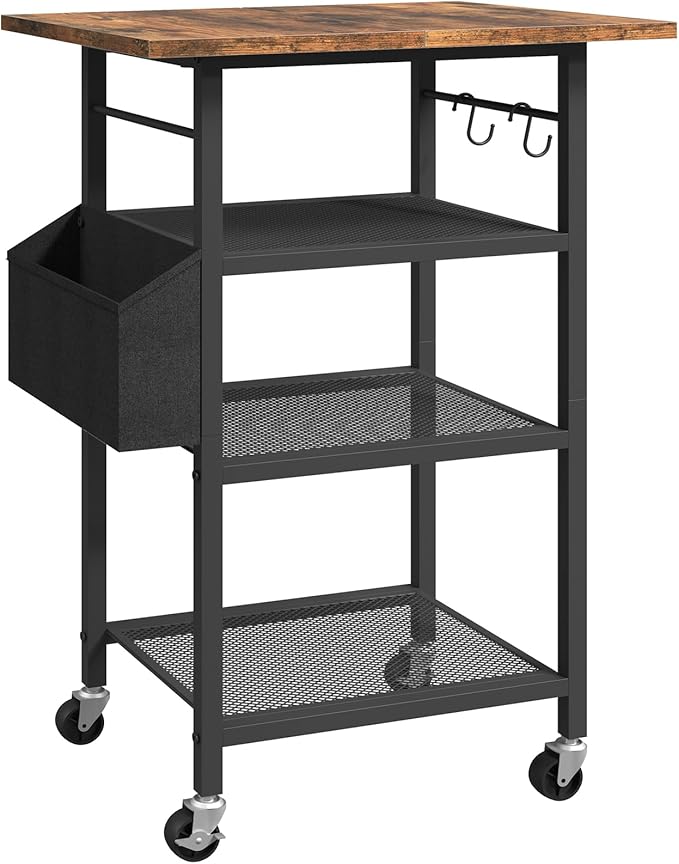 4-Tier Printer Stand, Rolling Printer Table on Wheels, Industrial Storage Stand with Side Pocket, Wooden Tabletop, 2 S-Shaped Hooks, for Home Office, Rustic Brown and Black PTHR2601
