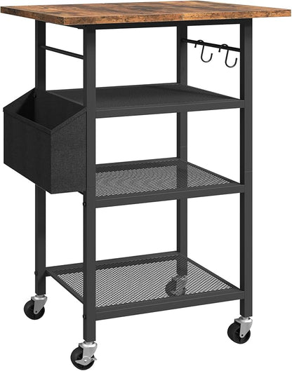 4-Tier Printer Stand, Rolling Printer Table on Wheels, Industrial Storage Stand with Side Pocket, Wooden Tabletop, 2 S-Shaped Hooks, for Home Office, Rustic Brown and Black PTHR2601