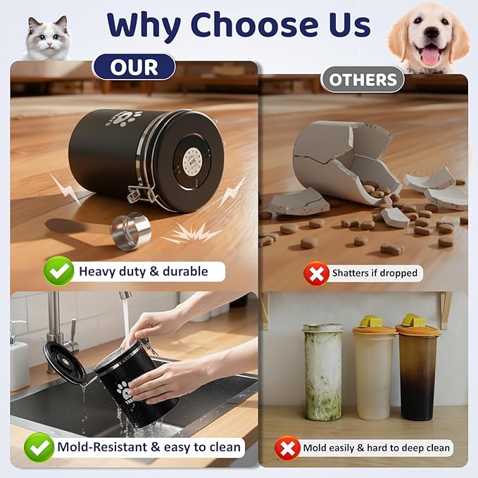 Dog Treat Container Airtight,5.9"x4.7" Stainless Steel Cat Treat Jar for Kitchen Counter with Scoop, Pet Storage for Fresh Dog Cookie