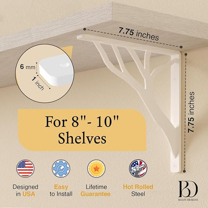 Rustic Tree White Heavy Duty Shelf Brackets 8 inch by Balin Designs, Decorative L Brackets, Iron Metal Floating Shelf Bracket, Wall Mount Shelving Bracket, Included Hardware, Set of 4