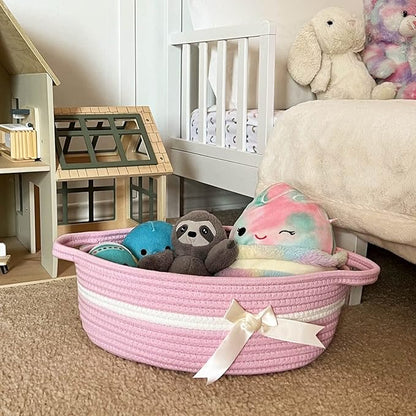 CHICVITA Pink Baby Girl Gift Basket, Small Woven Rope Basket, Rectangle Shelf Baskets for Bathroom, Cute Nursery Storage Baskets for Toys, Diapers, Towels, Snacks, 13 x 9.8 x 5 inches