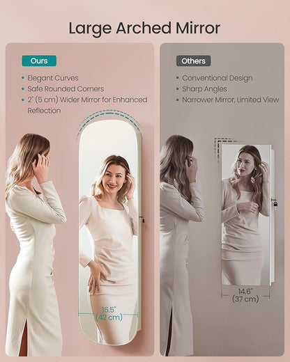 SONGMICS Jewelry Organizer, LED Jewelry Cabinet Wall/Door Mounted, Lockable Rounded Wide Mirror with Storage, Interior Mirror, 3.9 x 16.5 x 55 Inches, White Surface with Greige Lining