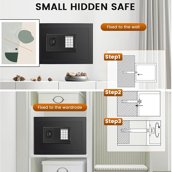 Safe Box, Fireproof Home Safe with Fireproof Waterproof Bag, 9.84 Inches Tall Anti-Theft Digital Security Lock Box with Smart Alert System, Removable Shelf, Mute Function, Document Safes for Jewelry