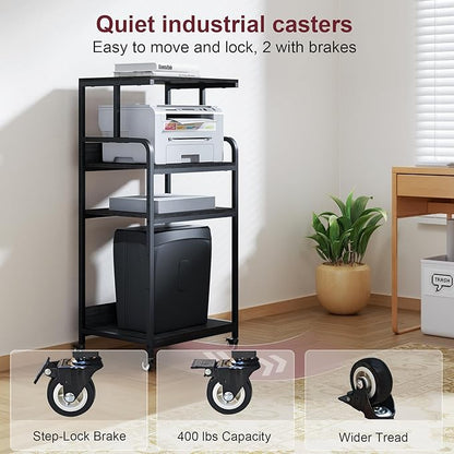 4 Tier Printer Stand with Wheels, Extra Large Tall Printer Table for Home Office, Printer and Shredder Stand with Storage Shelf (Black)