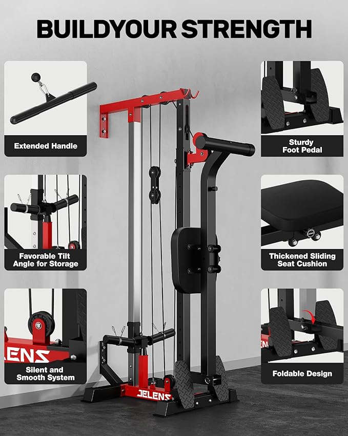RC01 Foldable LAT Pulldown Machine with Adjustable seat, Wall Mount Cable Station with 16 Adjustable Positions, Cable Machine Home Gym 2 in 1, Functional Trainer with Rowing and LAT Pulldown