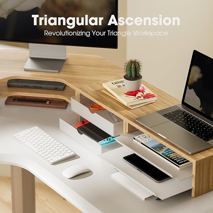 Fenge Dual Monitor Stand, Corner Monitor shelf with Drawer and Slide-Out Tray, 2 Tier Triangle Monitor Riser with Storage, Desk Shelf Organizer for Desk, Home Office, Computer, Laptop, Printer